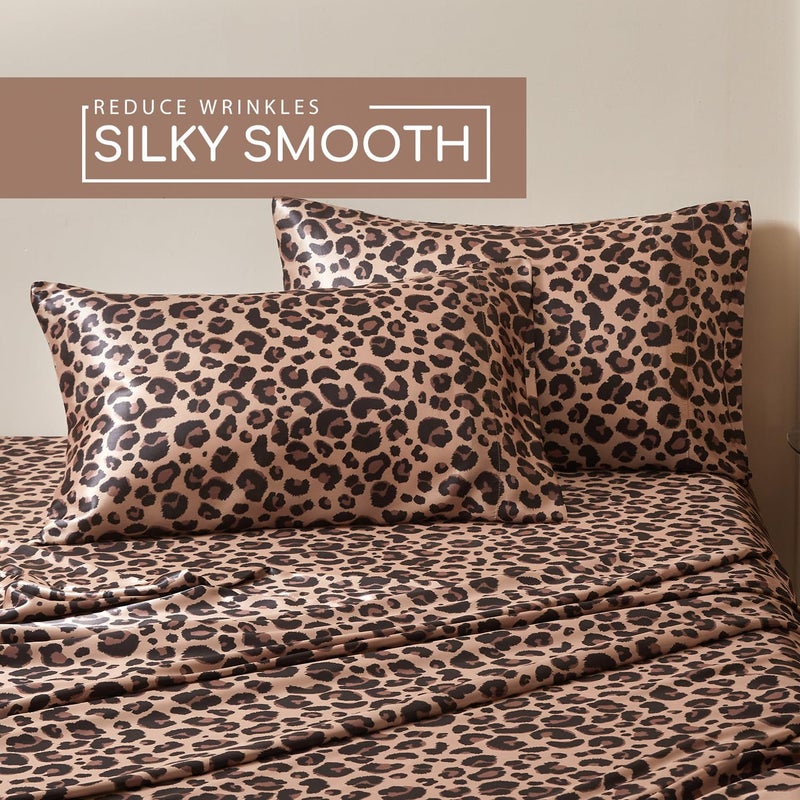 MR&HM Satin Bed Sheets with Elastic Corner Straps  Full Size Sheets Set  4 Pcs Silky Bedding Set with 15 Inches Deep Pocket for Mattress (Full  Brown Leopard) - Image 4
